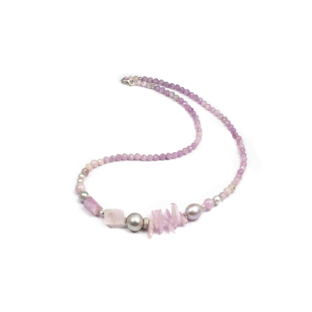 Coliere - Colier Creatie din Kunzit si Perle cu Argint  