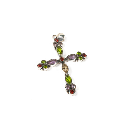 Pandantive - Pandantiv Cruce din Argint cu Ametist, Peridot, Granat si Citrin