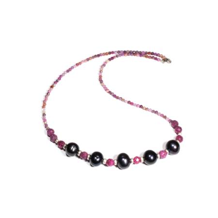 Coliere - Colier din Turmalina Roz, Radacina de Rubin si Perle de Cultura Negre cu Argint