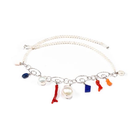 Coliere - Colier din Perle de Cultura, Lapis Lazuli, Chianit si Coral cu Argint