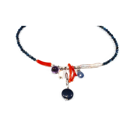 Colier din Lapis Lazuli, Iolit, Coral, Perla de Cultura si Ametist cu Argint [1]