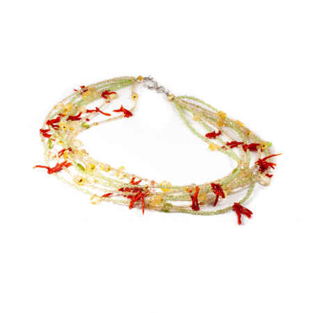 Coliere Creatie Sheba, din Pietre Semipretioase - "Tides of Citrine and Coral" Necklace in Peridot, Coral, Opal and Citrine
