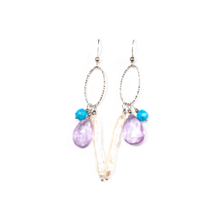 Cercei cu Pietre Semipretioase, Creatie Sheba - Sterling silver earrings with amethyst, cultured pearls and turquoise