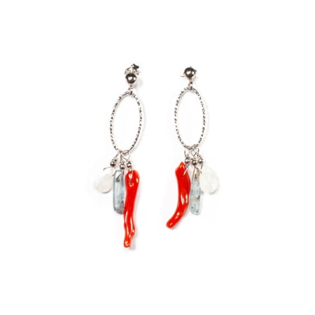 Cercei cu Pietre Semipretioase, Creatie Sheba - Sterling silver earrings with coral, kyanite and moonstone