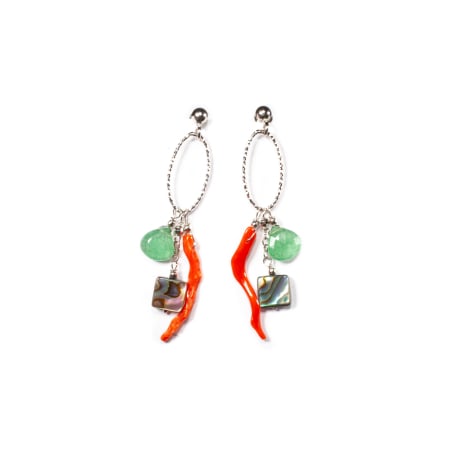 Cercei cu Pietre Semipretioase, Creatie Sheba - Sterling silver earrings with coral, nephrite and pawa shell