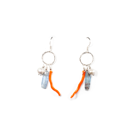 Sterling silver earrings with coral, cultured pearls and kyanite [1]