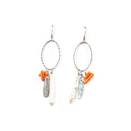 Sterling silver earrings with coral, cultured pearls and kyanite [1]