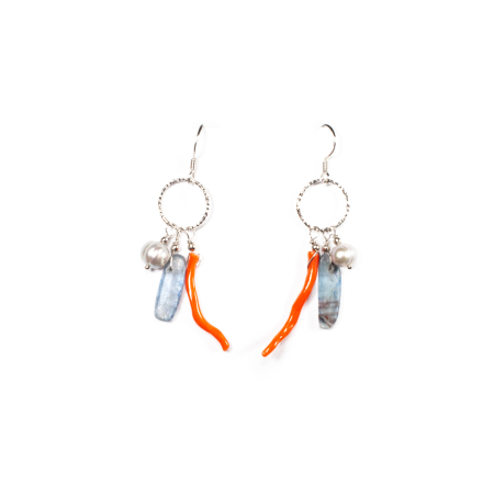 Sterling silver earrings with coral, cultured pearls and kyanite [0]