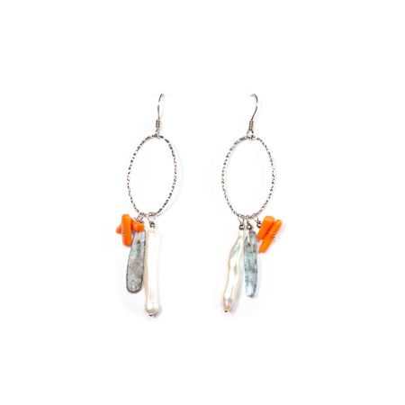 Sterling silver earrings with coral, cultured pearls and kyanite [0]