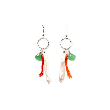 Cercei cu Pietre Semipretioase, Creatie Sheba - Sterling silver earrings with coral, cultured pearls and nephrite