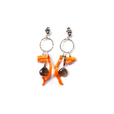 Cercei cu Pietre Semipretioase, Creatie Sheba - Sterling silver earrings with coral and smoky quartz