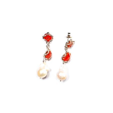 Cercei cu Pietre Semipretioase, Creatie Sheba - Sterling silver earrings with coral and baroque pearls