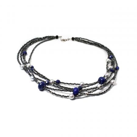 Coliere Creatie Sheba, din Pietre Semipretioase - "Shining Star" Necklace with Hematite, Gray Pearl, and Lapis Lazuli