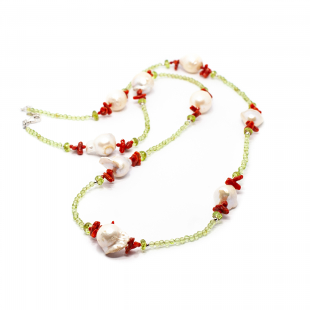 Coliere Creatie Sheba, din Pietre Semipretioase - Colier Creatie cu Peridot,Coral,Perla Baroque si Argint