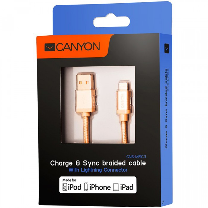 Charge & Sync MFI braided cable with metalic shell, USB to lightning, certified by Apple, 1m, 0.28mm, Golden [2]
