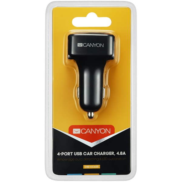 CANYON C-05 Universal 4xUSB car adapter, Input 12V-24V, Output 5V-4.8A, with Smart IC, black rubber coating + orange LED, 71.8*38.8*33mm, 0.034kg [2]