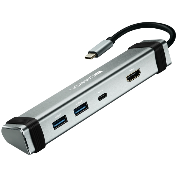 CANYON DS-3 Multiport Docking Station with 4 ports:1*Type C male+1*Type C female+2*USB3.0+1*HDMI, Input 100-240V, Output USB-C PD 5-20V/3A&USB-A 5V/1A, cabel 0.12m, Space grey, 150.8*33.7*24mm, 0.112k [2]