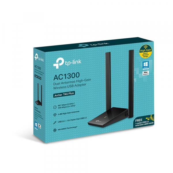 ADAPTOR RETEA TP-LINK AC1300, extern wireless 2.4 GHz | 5 GHz, USB 3.0, port, 867 Mbps, antena externa x 2, "Archer T4U Plus" [6]