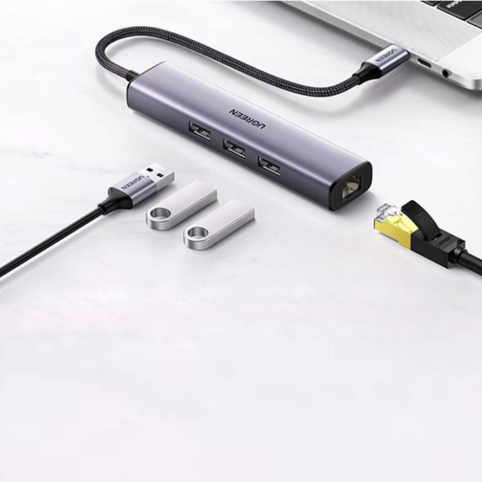 ADAPTOR RETEA Ugreen, "cm475" extern, USB 3.0 (T) la port Gigabit RJ-45, porturi USB: USB 3.0 x 3, USB Type-C x 1, argintiu "60554" (include TV 0.18lei) - 6957303865543 [2]
