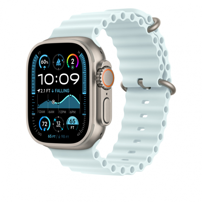 Apple Watch 49mm Band:  Ice Blue Ocean Band - Natural Titanium Finish [3]