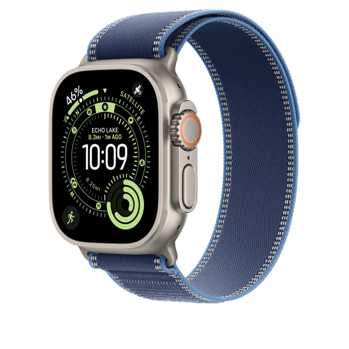 Apple Watch 49mm Loop:  Blue/Bright Blue Trail Loop - S/M - Natural Titanium Finish [2]