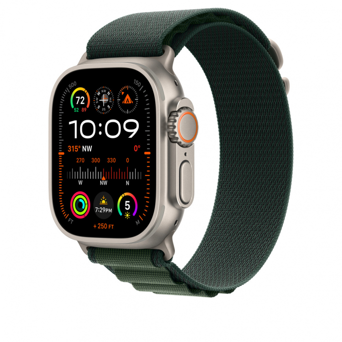 Apple Watch 49mm Loop:  Dark Green Alpine Loop - Large - Natural Titanium Finish [2]
