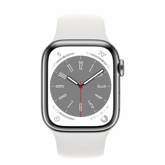 Apple Watch S8 Cellular 41mm Silver Stainless Steel Case with White Sport Band - Regular [2]