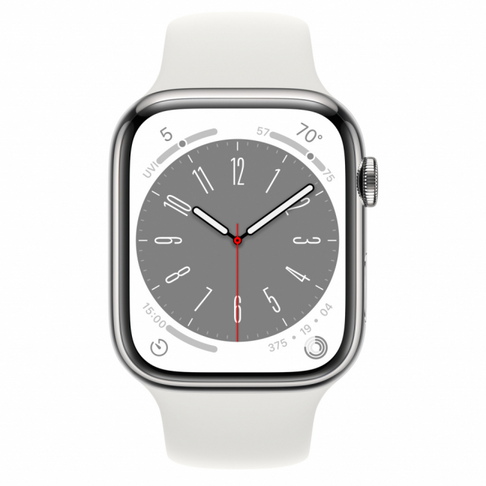 Apple Watch S8 Cellular 45mm Silver Stainless Steel Case with White Sport Band - Regular [2]