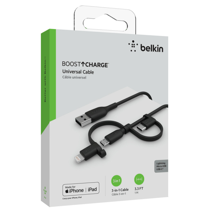 Belkin BOOST CHARGE Universal charging cable (Lightning/Micro-USB/USB-C to USB-A) Cable, PVC - 1M - Black [2]