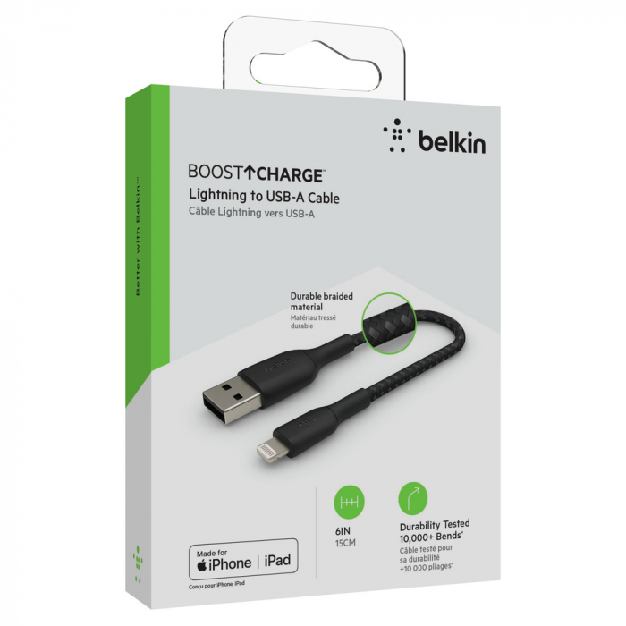 Belkin BOOST CHARGE USB-A to Lightning Cable, Braided - 0,15M - Black [3]