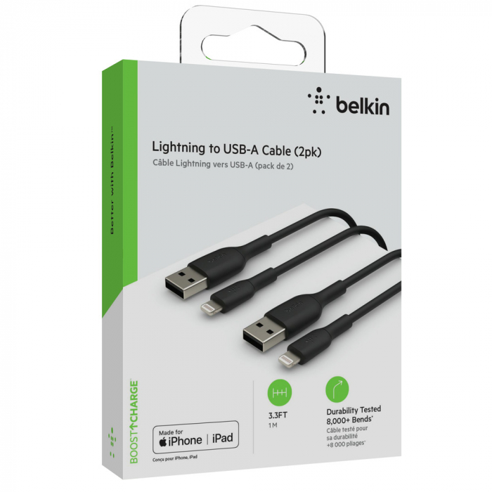 Belkin BOOST CHARGE USB-A to Lightning Cable, PVC - 1M (2 PK) - Black [2]