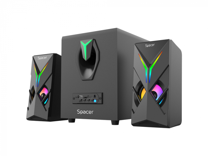 BOXE SPACER Gaming 2.1, RMS: 14W (2 x 3W + 8W), bluetooth telecomanda wireless, control volum, bass, subwoofer lemn MDF, 220V alimentare, 17 x LED, USB/SD/AUX, black, "SPGS-HURRICANE-BT"   (include TV [4]