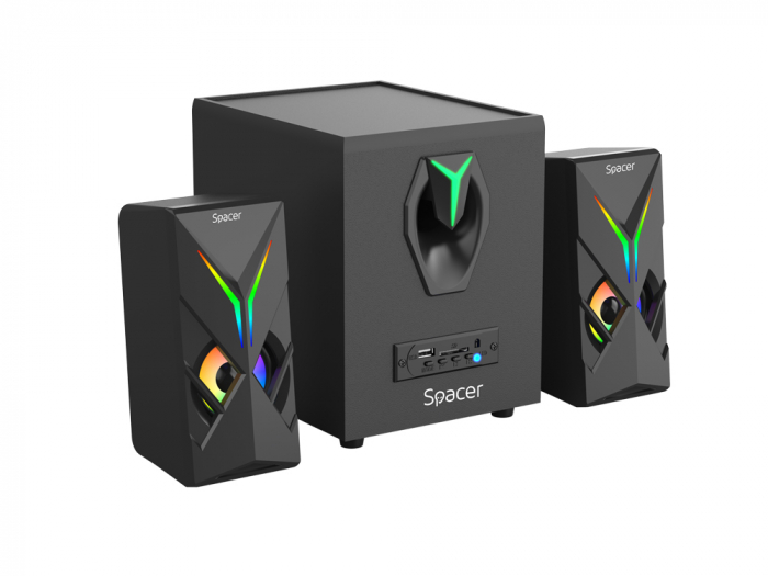 BOXE SPACER Gaming 2.1, RMS: 14W (2 x 3W + 8W), bluetooth telecomanda wireless, control volum, bass, subwoofer lemn MDF, 220V alimentare, 17 x LED, USB/SD/AUX, black, "SPGS-HURRICANE-BT"   (include TV [2]