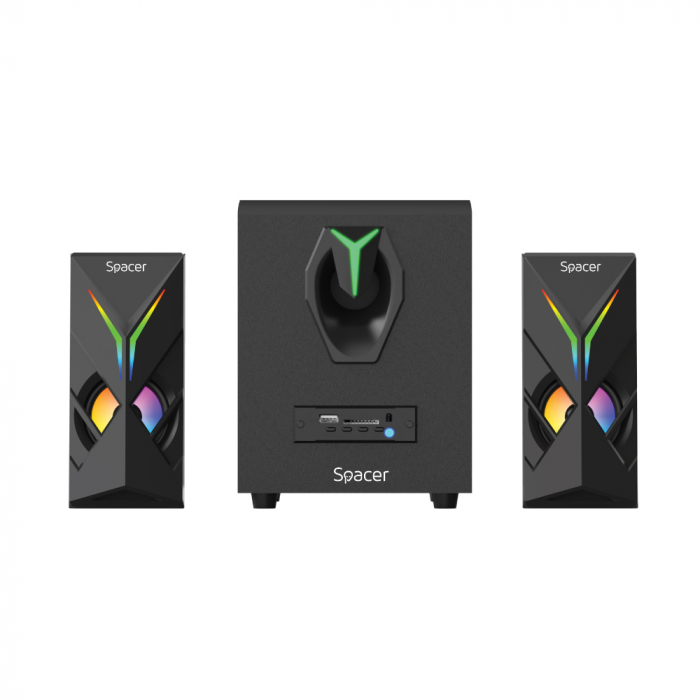 BOXE SPACER Gaming 2.1, RMS: 14W (2 x 3W + 8W), bluetooth telecomanda wireless, control volum, bass, subwoofer lemn MDF, 220V alimentare, 17 x LED, USB/SD/AUX, black, "SPGS-HURRICANE-BT"   (include TV [3]