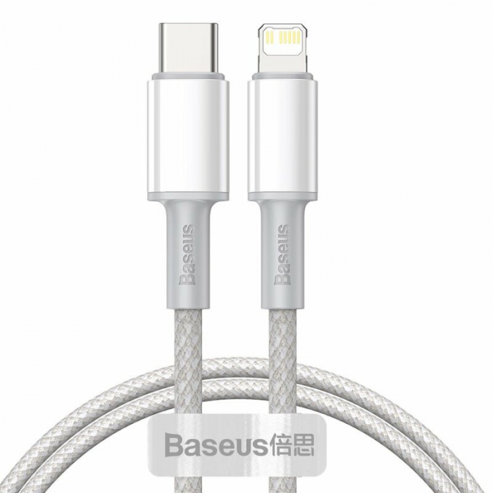 CABLU alimentare si date Baseus High Density Braided, Fast Charging Data Cable pt. smartphone, USB Type-C la Lightning Iphone PD 20W, brodat, 1m, alb \\"CATLGD-02\\" (include timbru verde 0.25 lei) [1]