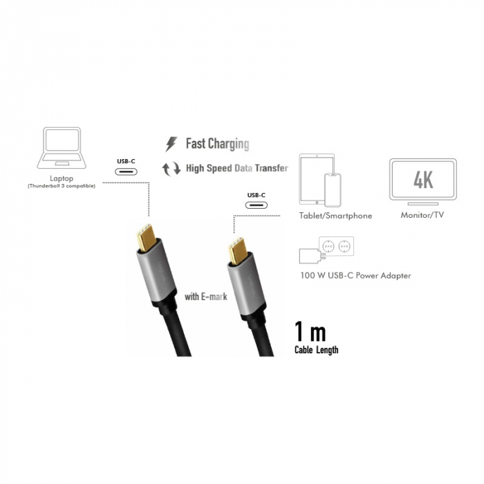 CABLU alimentare si date LOGILINK, pt. smartphone, USB 3.2, USB Type-C (T) la USB Type-C (T),  UltraHD 4K/60Hz, suporta pana la 20V/5A 100W, triplu ecranat,1m, negru, "CUA0107" [3]