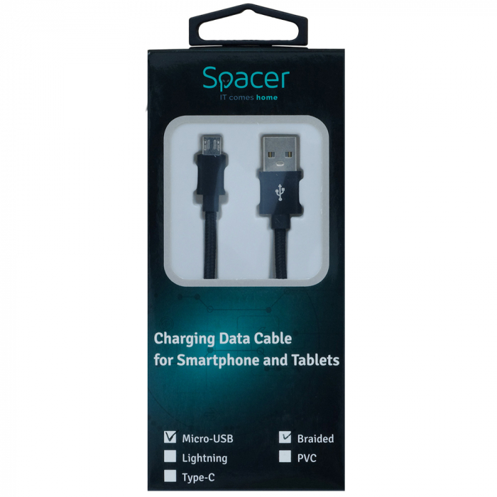 CABLU alimentare si date SPACER, pt. smartphone, USB 2.0 (T) la Micro-USB 2.0 (T), Braided,,Retail pack, 1m, black,&nbsp; \\"SPDC-MICRO-BRD-BK-1.0\\" (include TV 0.06 lei) [2]