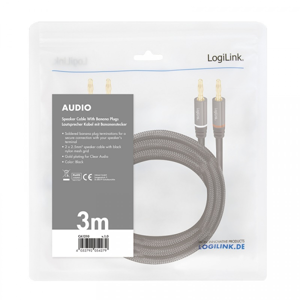 CABLU audio LOGILINK  stereo (2 x 2.5 mm jack T/T), 3m, conectori auriti, negru "CA1210" [2]
