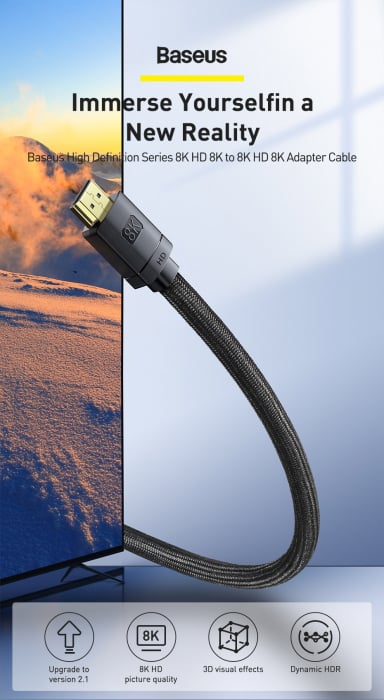 CABLU video Baseus  High Definition, HDMI (T) la HDMI (T), versiunea 2.1, rezolutie maxima 8K UHD (7680 x 4320) la 60 Hz, conectori auriti, 3m, negru \\"CAKGQ-L01\\" [3]