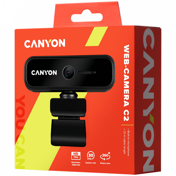 CANYON C2 720P HD 1.0Mega fixed focus webcam with USB2.0. connector, 360° rotary view scope, 1.0Mega pixels, built in MIC, Resolution 1280*720(1920*1080 by interpolation), viewing angle 46°, cable len [4]