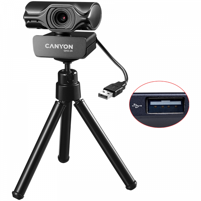 CANYON C6, 2k Ultra full HD 3.2Mega webcam with USB2.0 connector, built-in MIC, IC SN5262, Sensor Aptina 0330, viewing angle 80°, with tripod, cable length 2.0m, Grey, 61.1*47.7*63.2mm, 0.182kg [3]