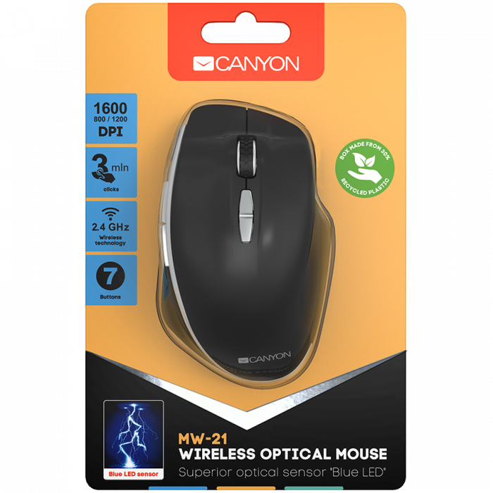 Canyon  2.4 GHz  Wireless mouse ,with 7 buttons, DPI 800/1200/1600, Battery: AAA*2pcs,Black,72*117*41mm, 0.075kg [4]