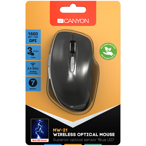Canyon  2.4 GHz  Wireless mouse ,with 7 buttons, DPI 800/1200/1600, Battery:AAA*2pcs  ,Dark gray72*117*41mm 0.075kg [4]