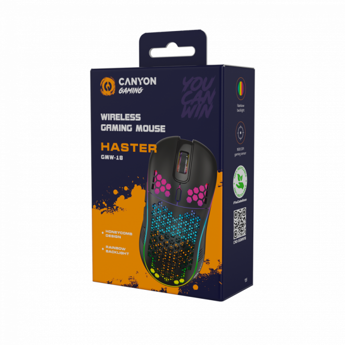 Canyon 7keys Gaming 2.4G wireless mouse, KA8 sensor, DPI up to 1600, rubber coating on panel, Huano 1million switch, 45cm PVC cable, ABS material. 400mAh battery, size: 125.8*63.7*41mm, weight: 95g, B [7]