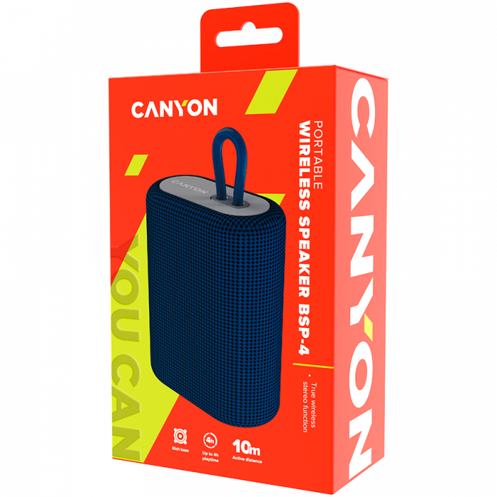 CANYON BSP-4, Bluetooth Speaker, BT V5.0, BLUETRUM AB5365A, TF card support, Type-C USB port, 1200mAh polymer battery, Blue, cable length 0.42m, 114*93*51mm, 0.29kg [4]