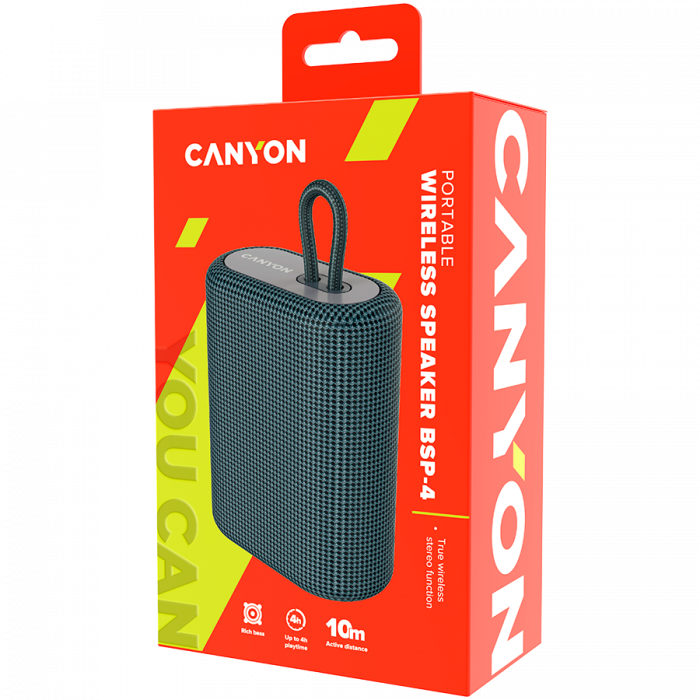 CANYON BSP-4, Bluetooth Speaker, BT V5.0, BLUETRUM AB5365A, TF card support, Type-C USB port, 1200mAh polymer battery, Dark grey, cable length 0.42m, 114*93*51mm, 0.29kg [4]
