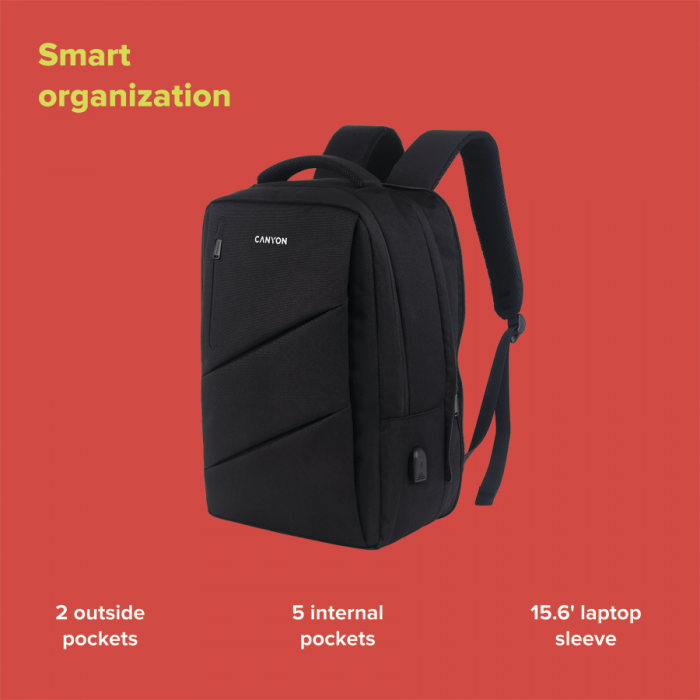 CANYON BPE-5, Laptop backpack for 15.6 inch, Product spec/size(mm): 400MM x300MM x 120MM(+60MM),Black, EXTERIOR materials:100% Polyester, Inner materials:100% Polyestermax weight (KGS): 12kg [7]