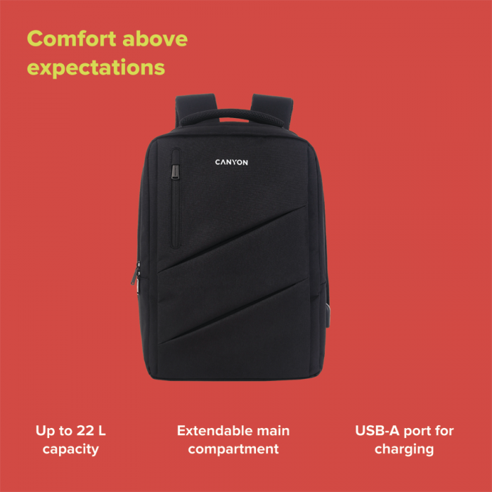 CANYON BPE-5, Laptop backpack for 15.6 inch, Product spec/size(mm): 400MM x300MM x 120MM(+60MM),Black, EXTERIOR materials:100% Polyester, Inner materials:100% Polyestermax weight (KGS): 12kg [6]