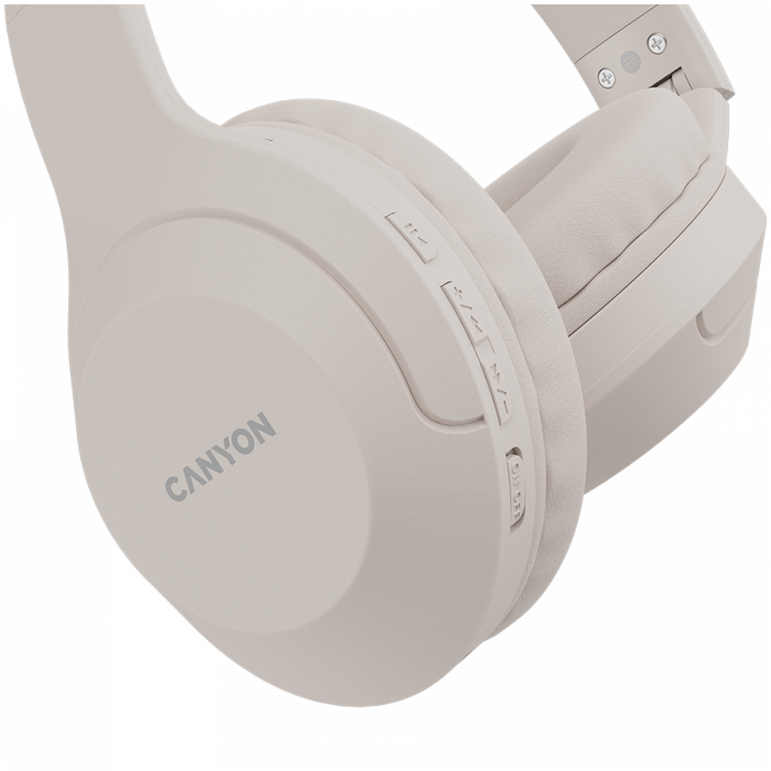 CANYON BTHS-3, Bluetooth headset,with microphone, BT V5.1 JL6956, battery 300mAh, Type-C charging plug, PU material, size:168*190*78mm, charging cable 30cm and audio cable 100cm, Beige [4]
