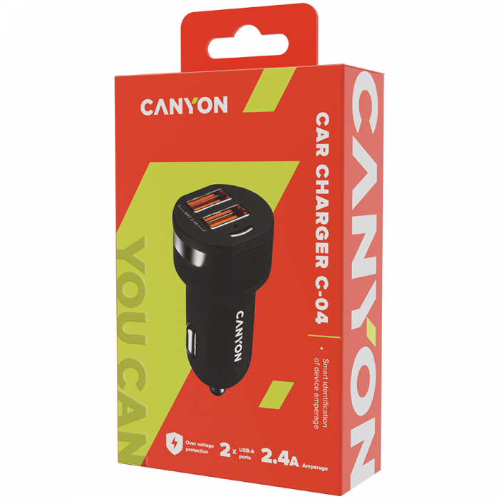 CANYON C-04, Universal 2xUSB car adapter, Input 12V-24V, Output 5V-2.4A, with Smart IC, black rubber coating with silver electroplated ring, 59.5*28.7*28.7mm, 0.019kg [4]